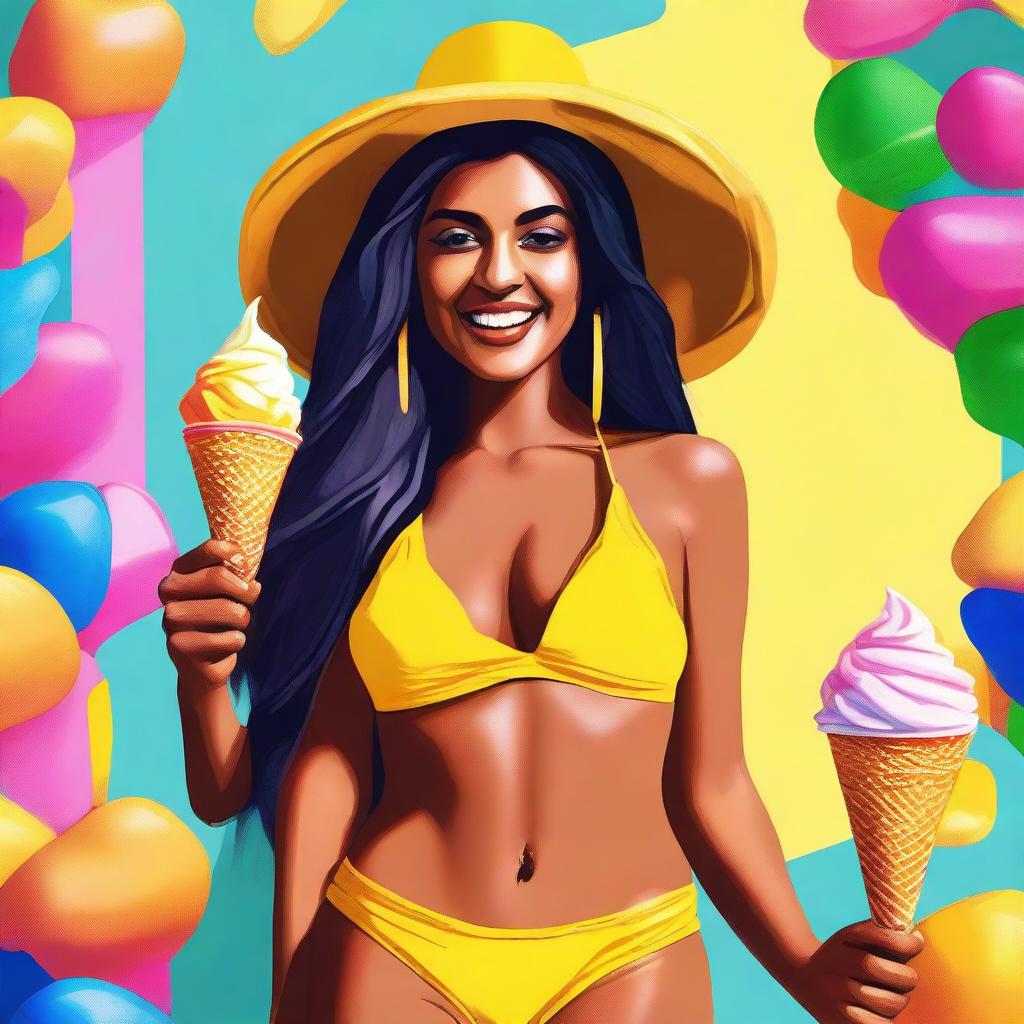 A captivating digital art piece featuring an Indian woman in a small, thin yellow bikini enjoying a cone ice cream