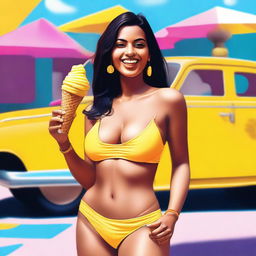 A captivating digital art piece featuring an Indian woman in a small, thin yellow bikini enjoying a cone ice cream