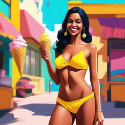 A captivating digital art piece featuring an Indian woman in a small, thin yellow bikini enjoying a cone ice cream