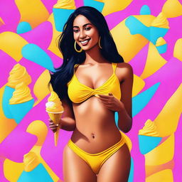 A captivating digital art piece featuring an Indian woman in a small, thin yellow bikini enjoying a cone ice cream