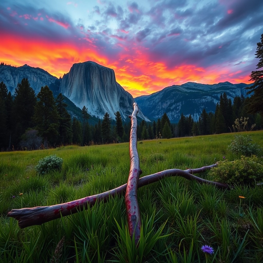 A dramatic landscape view of Yosemite National Park, featuring its iconic cliffs and trees under a vibrant sunset sky