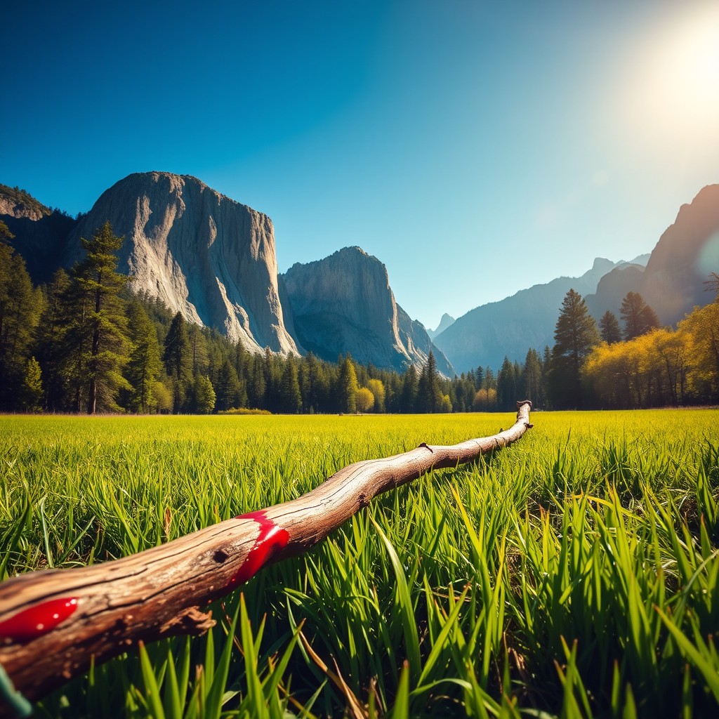 A dramatic summer-time landscape featuring Yosemite National Park in the background, showcasing its majestic cliffs and lush greenery under a clear blue sky