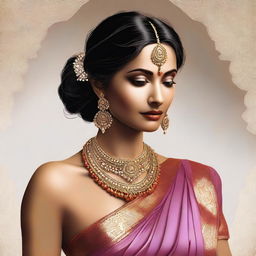 A tasteful and artistic digital rendering of an Indian woman draped in a vibrant saree, sans blouse