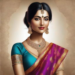 A tasteful and artistic digital rendering of an Indian woman draped in a vibrant saree, sans blouse