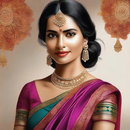 A tasteful and artistic digital rendering of an Indian woman draped in a vibrant saree, sans blouse