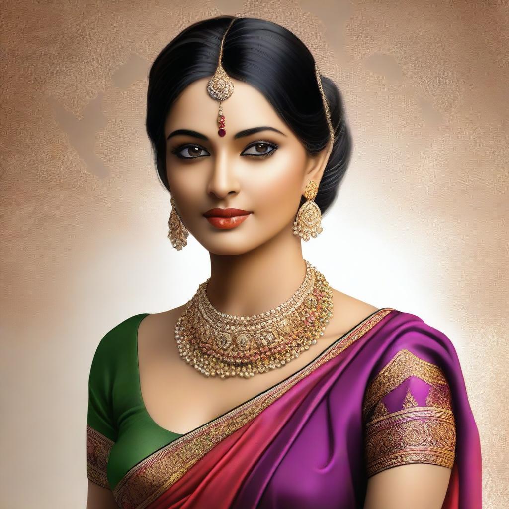 A tasteful and artistic digital rendering of an Indian woman draped in a vibrant saree, sans blouse