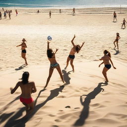 a lively, action-packed image of people energetically playing volleyball on a sandy beach under a sunny sky