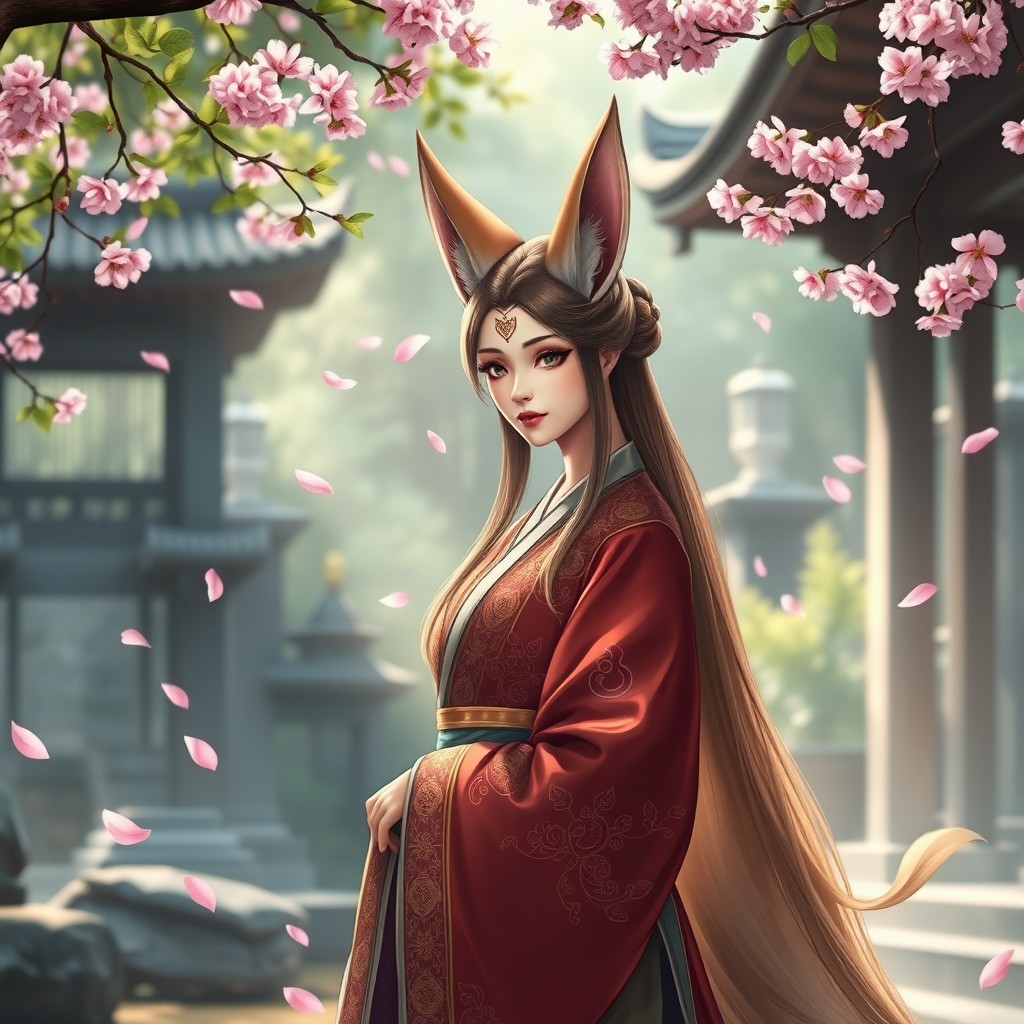 A mystical female kitsune monk, featuring a beautiful fox-like woman with elegant fox ears and a long, flowing tail