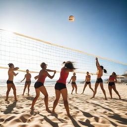 a lively, action-packed image of people energetically playing volleyball on a sandy beach under a sunny sky