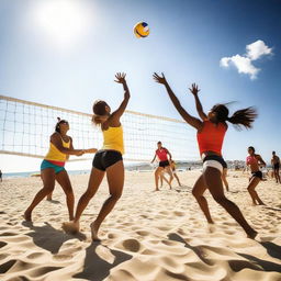 a lively, action-packed image of people energetically playing volleyball on a sandy beach under a sunny sky