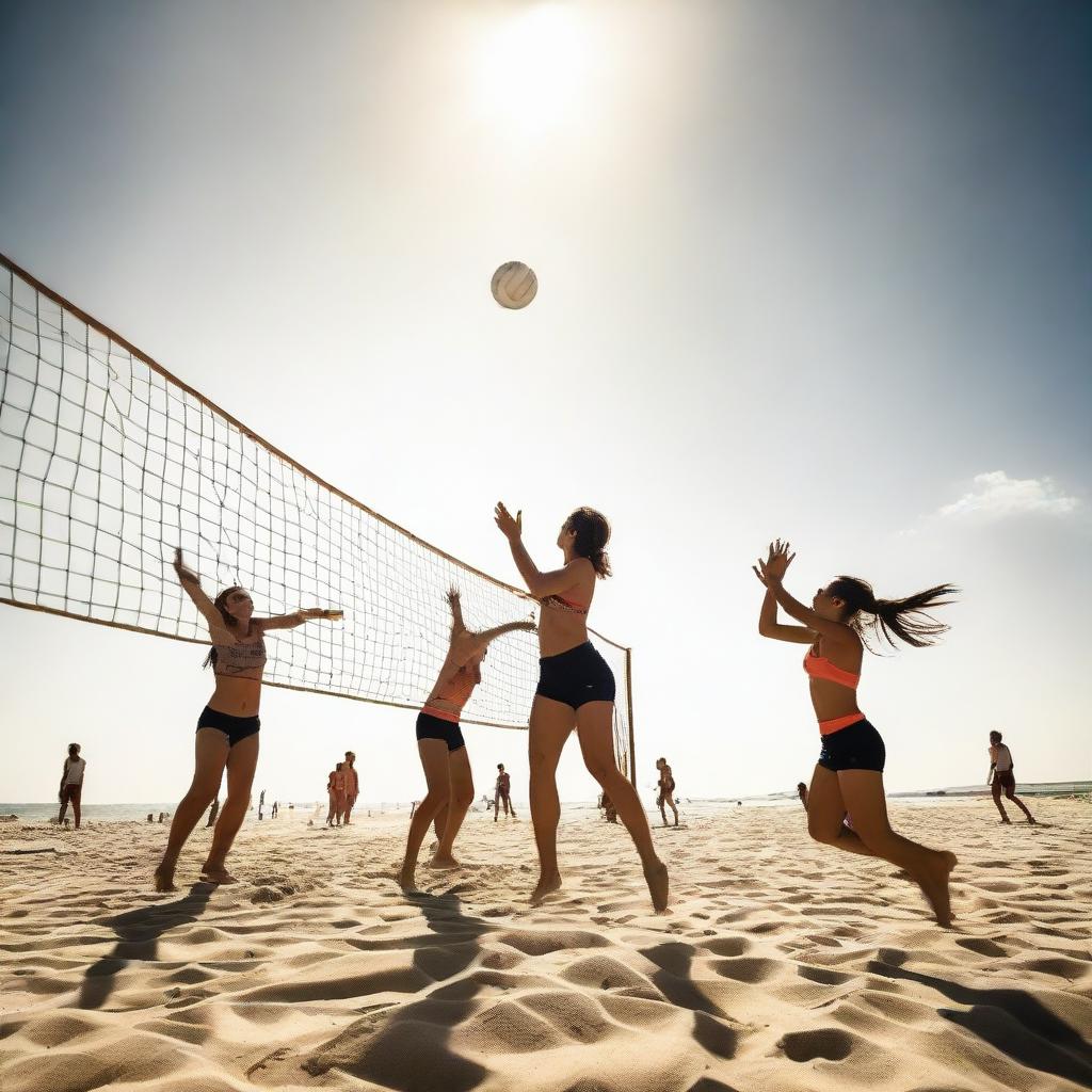 a lively, action-packed image of people energetically playing volleyball on a sandy beach under a sunny sky