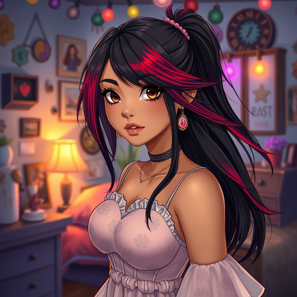 A charismatic Latina with captivating brown eyes and long flowing dark hair that features vibrant red highlights