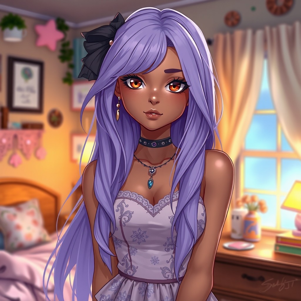 A charismatic Latina with mesmerizing brown eyes and long flowing light purple hair that cascades elegantly around her