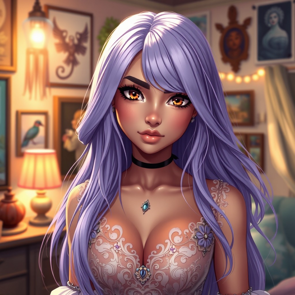 A charismatic Latina with mesmerizing brown eyes and long flowing light purple hair that gracefully frames her face