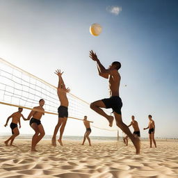 a dynamic and energetic image depicting people engaged in an intense game of volleyball, the ball mid-air, against a backdrop of a sandy beach