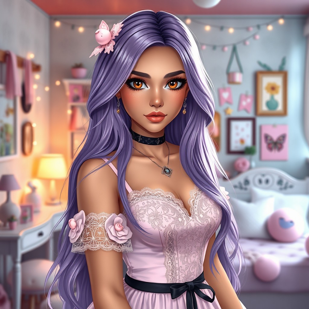 A charismatic Latina woman with mesmerizing brown eyes and long flowing light purple hair that gracefully cascades down her shoulders, showcasing her slight tan complexion