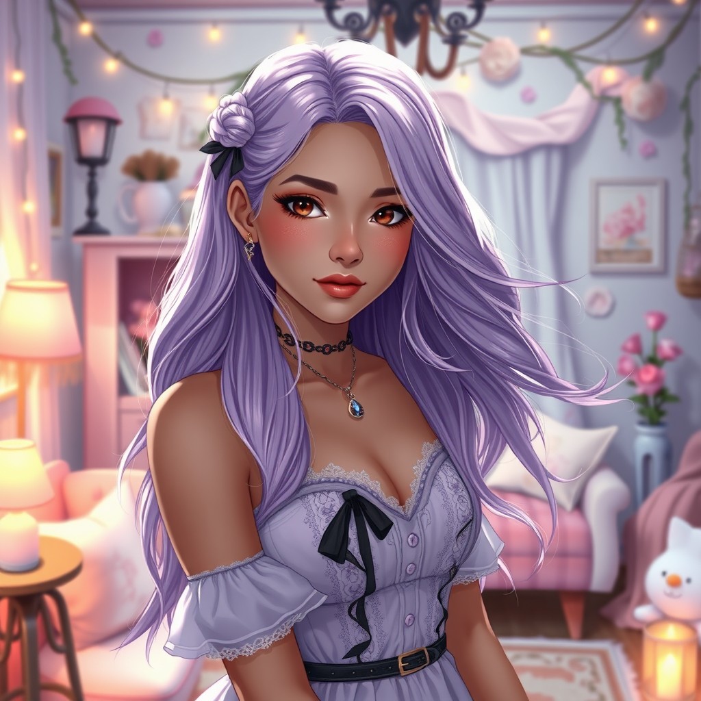 A charismatic Latina woman with mesmerizing brown eyes and long flowing light purple hair that gracefully falls around her shoulders, complementing her slight tan complexion