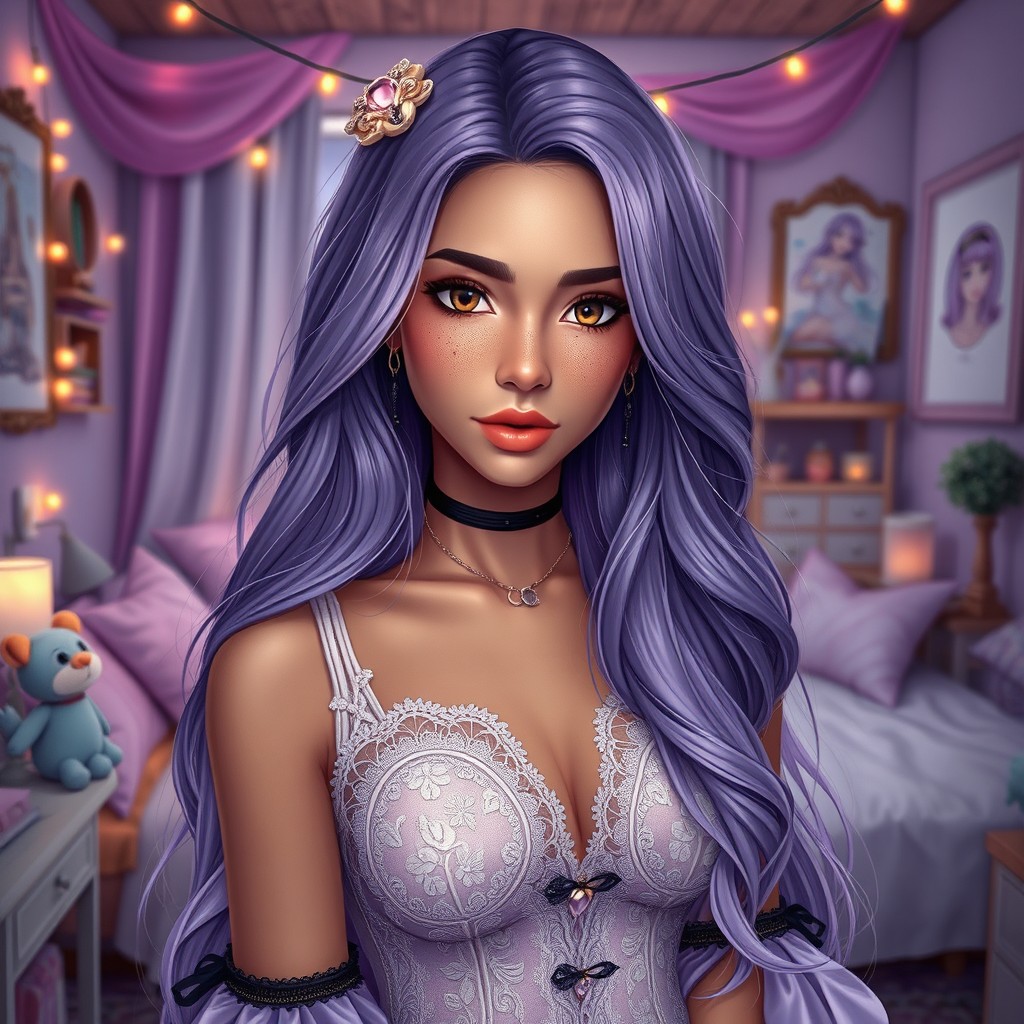 A charismatic Latina woman with mesmerizing brown eyes and long flowing light purple hair that elegantly drapes around her shoulders, accentuating her slight tan complexion
