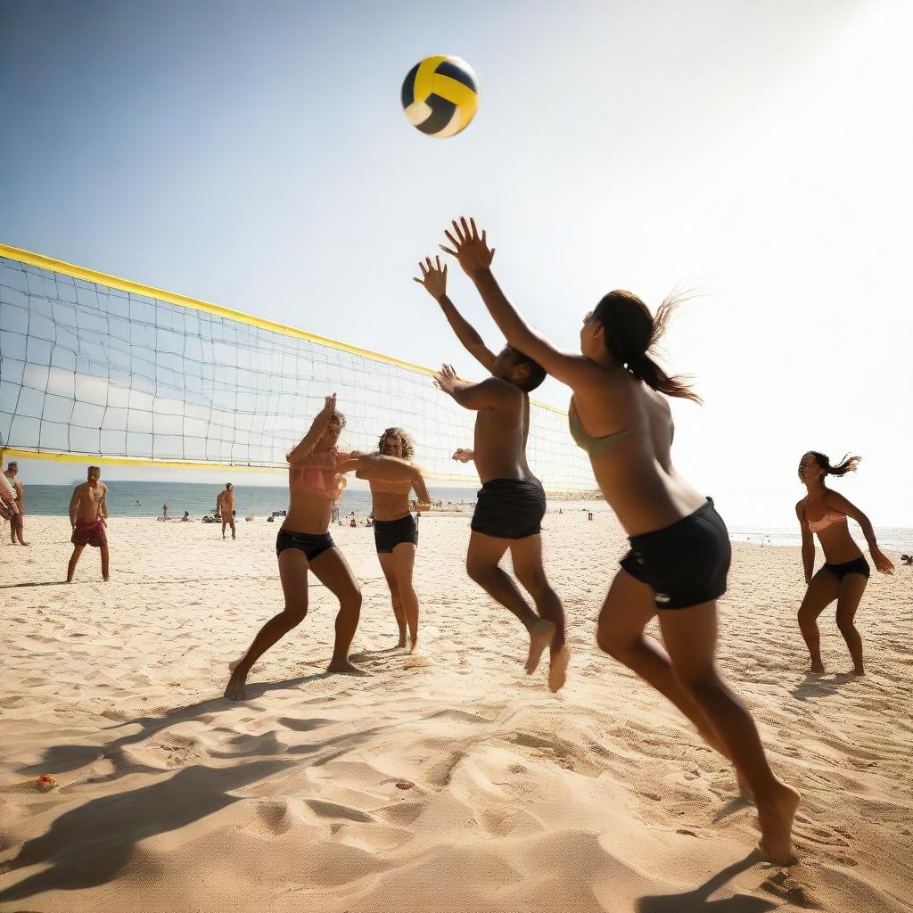 a dynamic and energetic image depicting people engaged in an intense game of volleyball, the ball mid-air, against a backdrop of a sandy beach