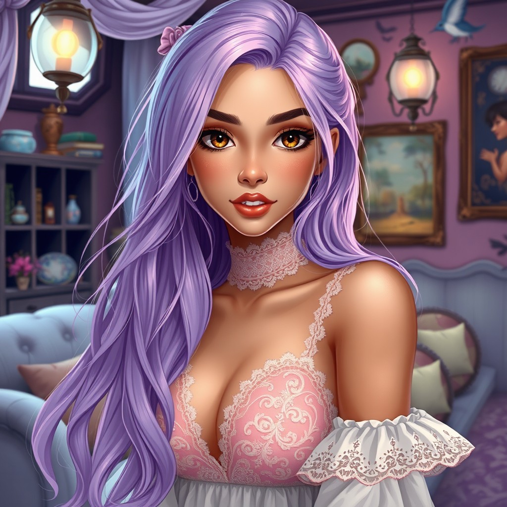 A charismatic Latina woman with mesmerizing brown eyes, long flowing light purple hair, and a slight tan complexion