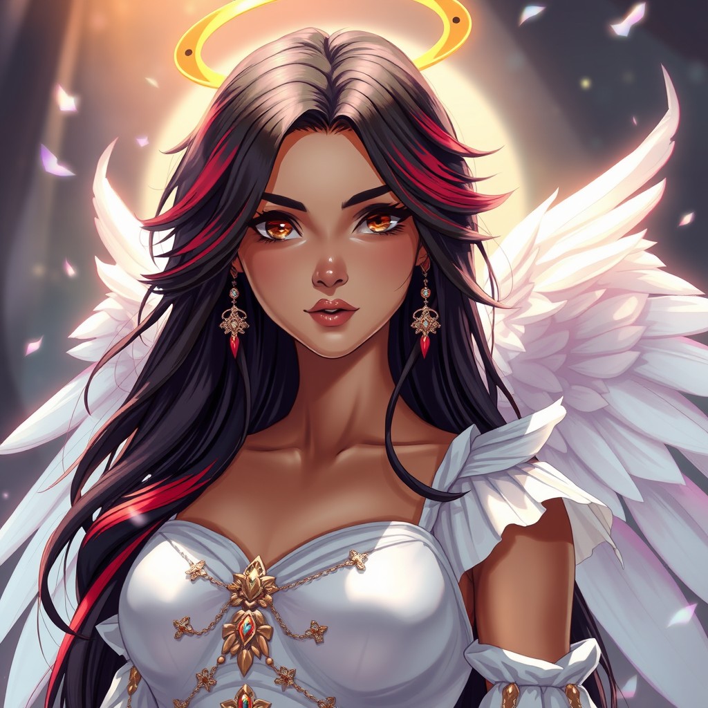 A charismatic Latina woman with mesmerizing brown eyes, long flowing dark hair adorned with vibrant red highlights, and a slight tan complexion