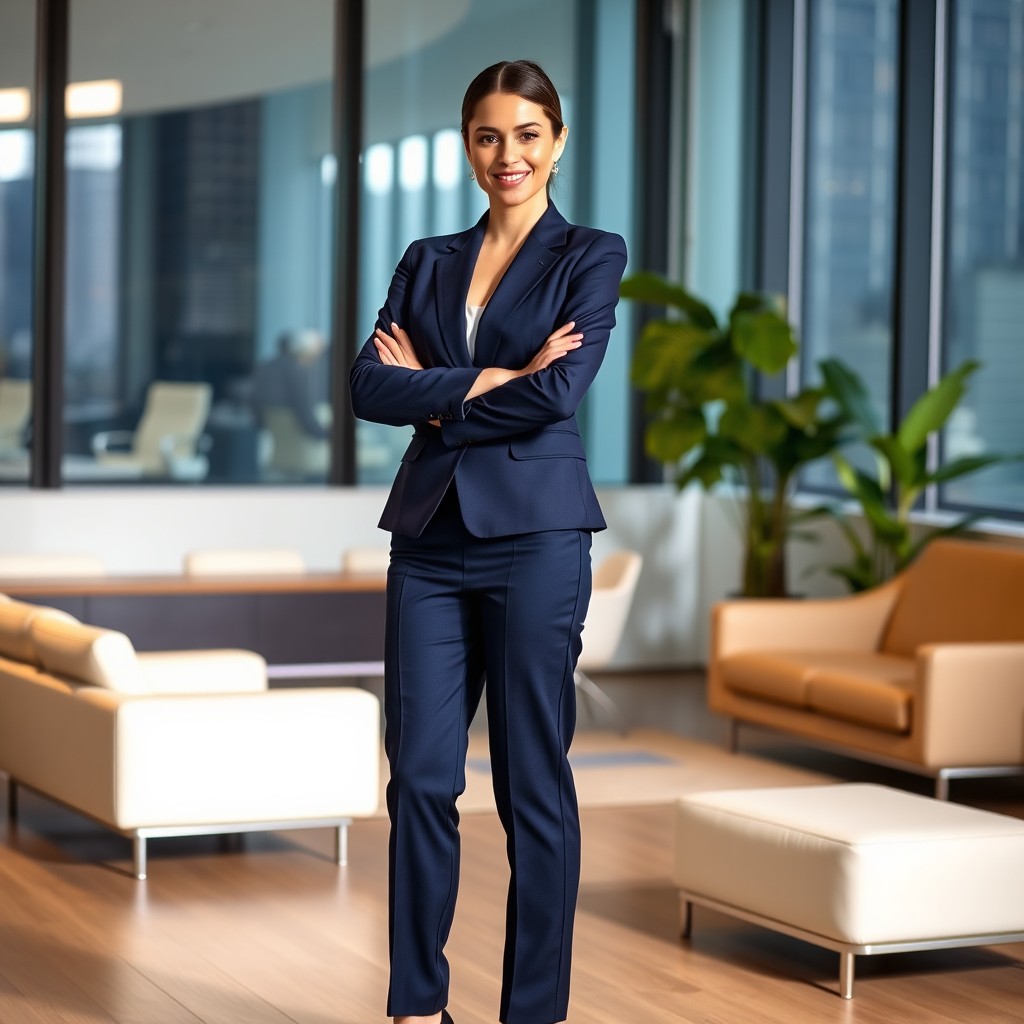 A confident business woman standing tall in a modern office setting, wearing a tailored navy blue suit and high heels