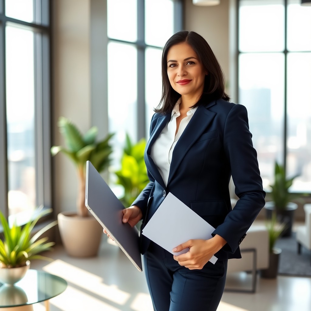 A confident businesswoman standing in a modern office environment, wearing a tailored navy blue suit with a stylish white blouse