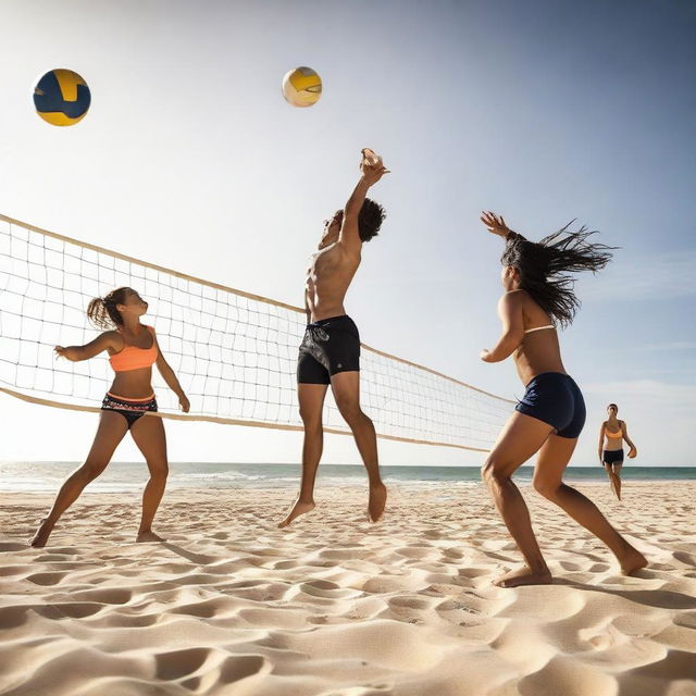 a dynamic and energetic image depicting people engaged in an intense game of volleyball, the ball mid-air, against a backdrop of a sandy beach