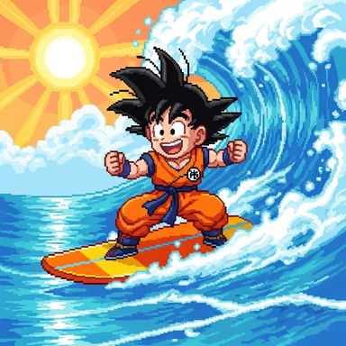 A lively pixel art scene featuring Goku from Dragon Ball, depicted as an energetic character surfing on a vibrant ocean wave