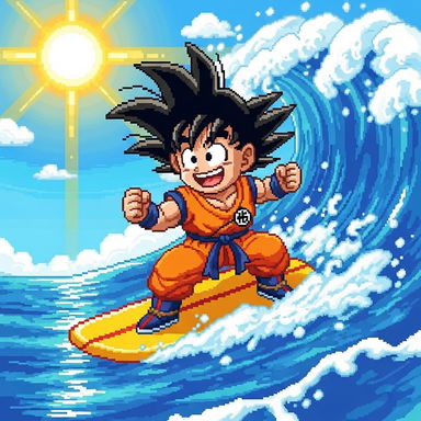 A lively pixel art scene featuring Goku from Dragon Ball, depicted as an energetic character surfing on a vibrant ocean wave
