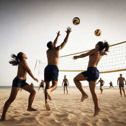 a dynamic and energetic image depicting people engaged in an intense game of volleyball, the ball mid-air, against a backdrop of a sandy beach