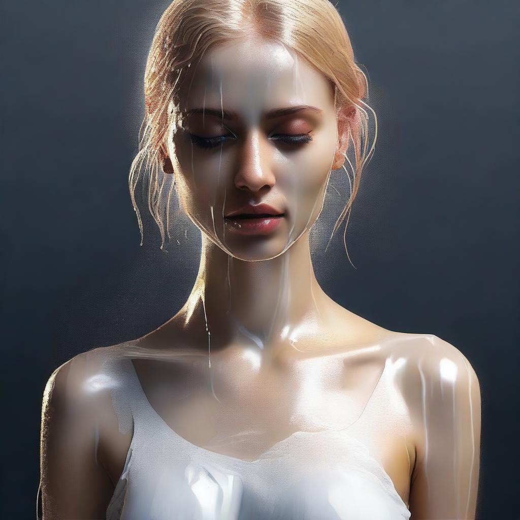 A provocative digital art piece showing an Indian blonde girl in a wet, thin t-shirt, with a white liquid poured on her neck