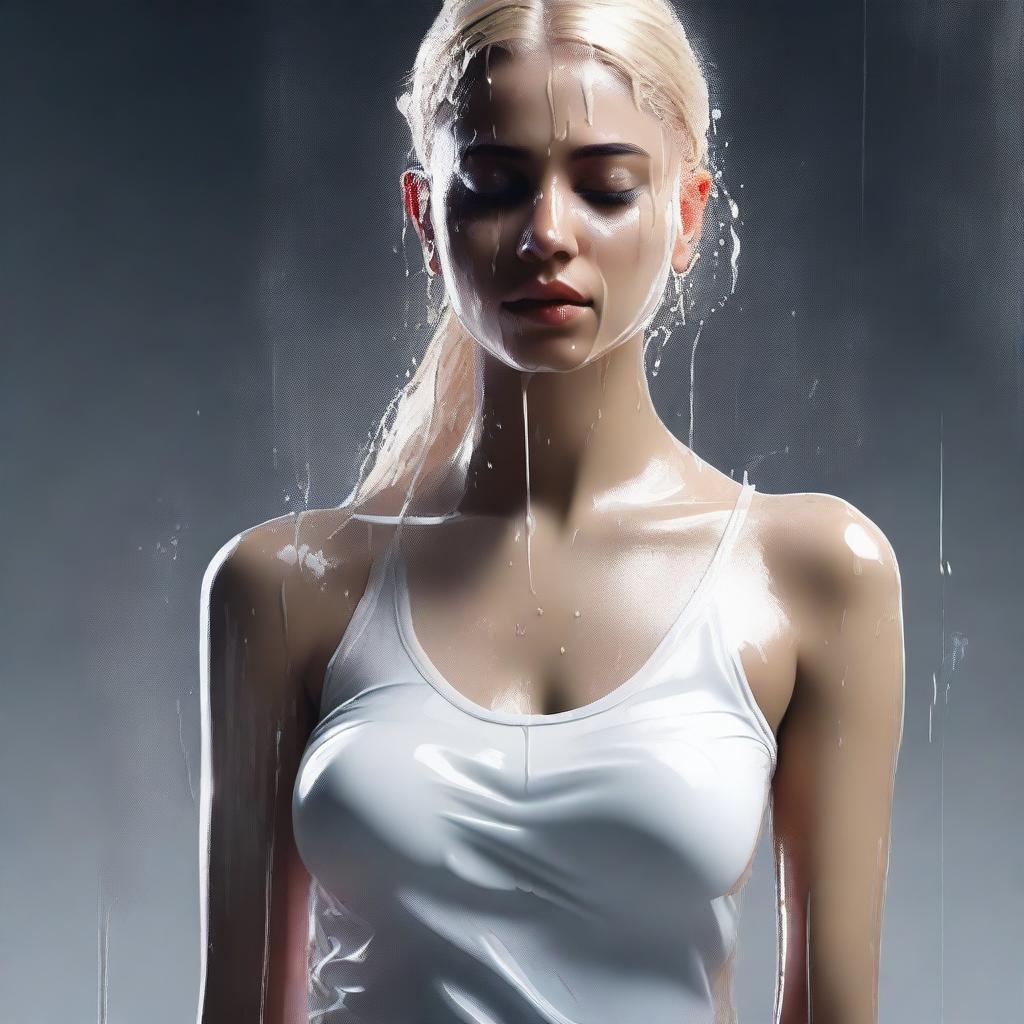 A provocative digital art piece showing an Indian blonde girl in a wet, thin t-shirt, with a white liquid poured on her neck