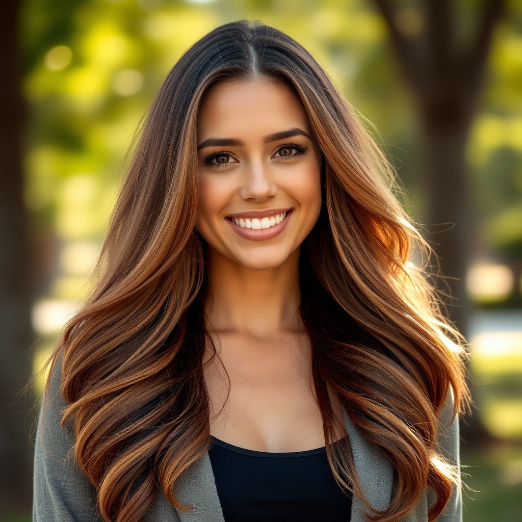 A tall, curvy Caucasian woman with flowing brown hair that cascades down her shoulders