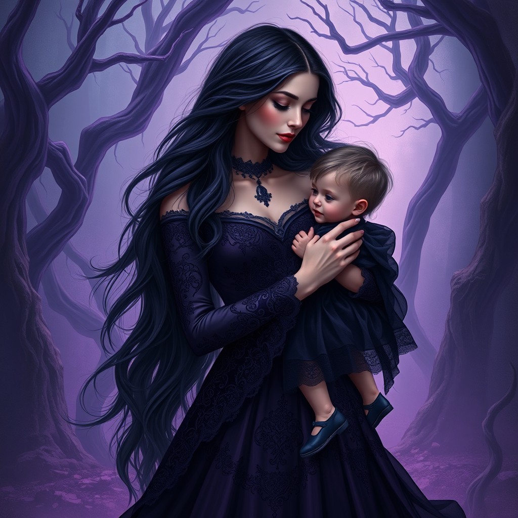 A captivating image of a woman similar to the one in the previous depiction, characterized by long, flowing dark hair and dressed in an intricately designed dark gown, exuding an air of elegance and mystery