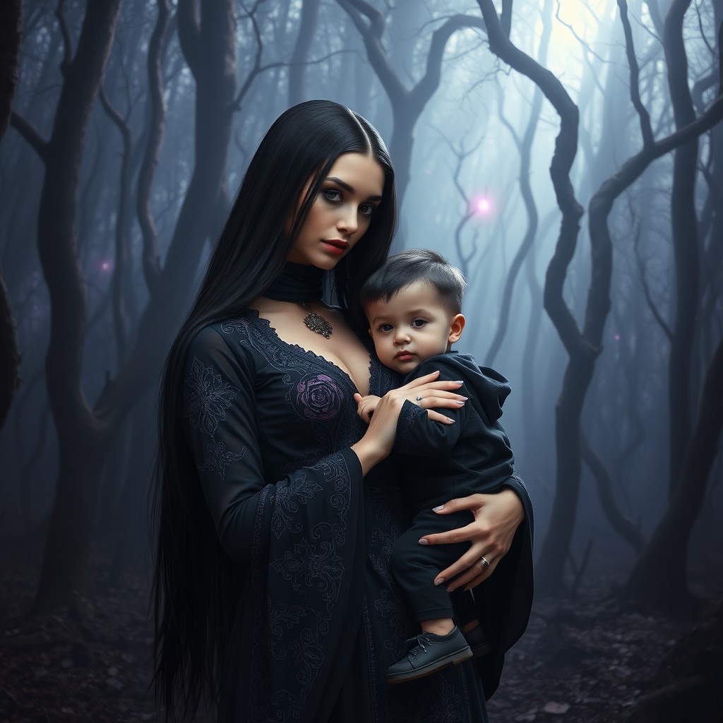 An enchanting portrayal of a woman styled exactly as in the second image, featuring long straight black hair and a strikingly elegant outfit, detailed with intricate designs