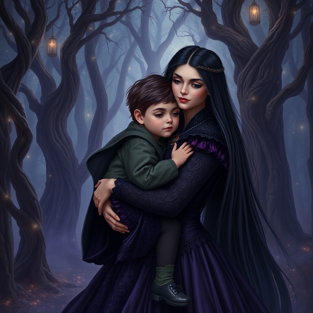 A beautiful representation of a woman closely resembling the character from the second image, featuring long, straight dark hair and an elaborate dark gown with flowing details