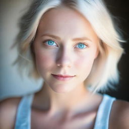 This is a high-quality photograph of a beautiful girl with short, light-colored hair