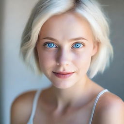 This is a high-quality photograph of a beautiful girl with short, light-colored hair