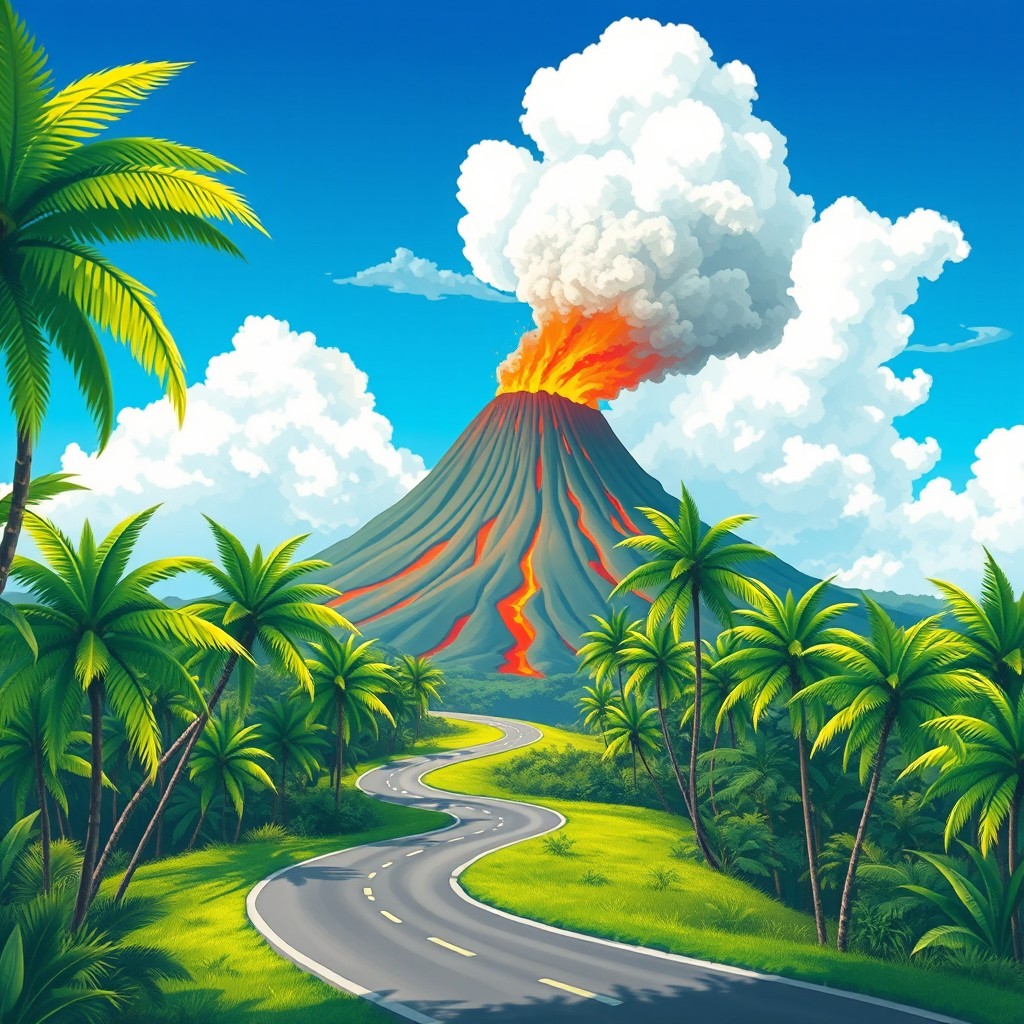 Majestic Volcano Eruption: A Vibrant Tropical Landscape