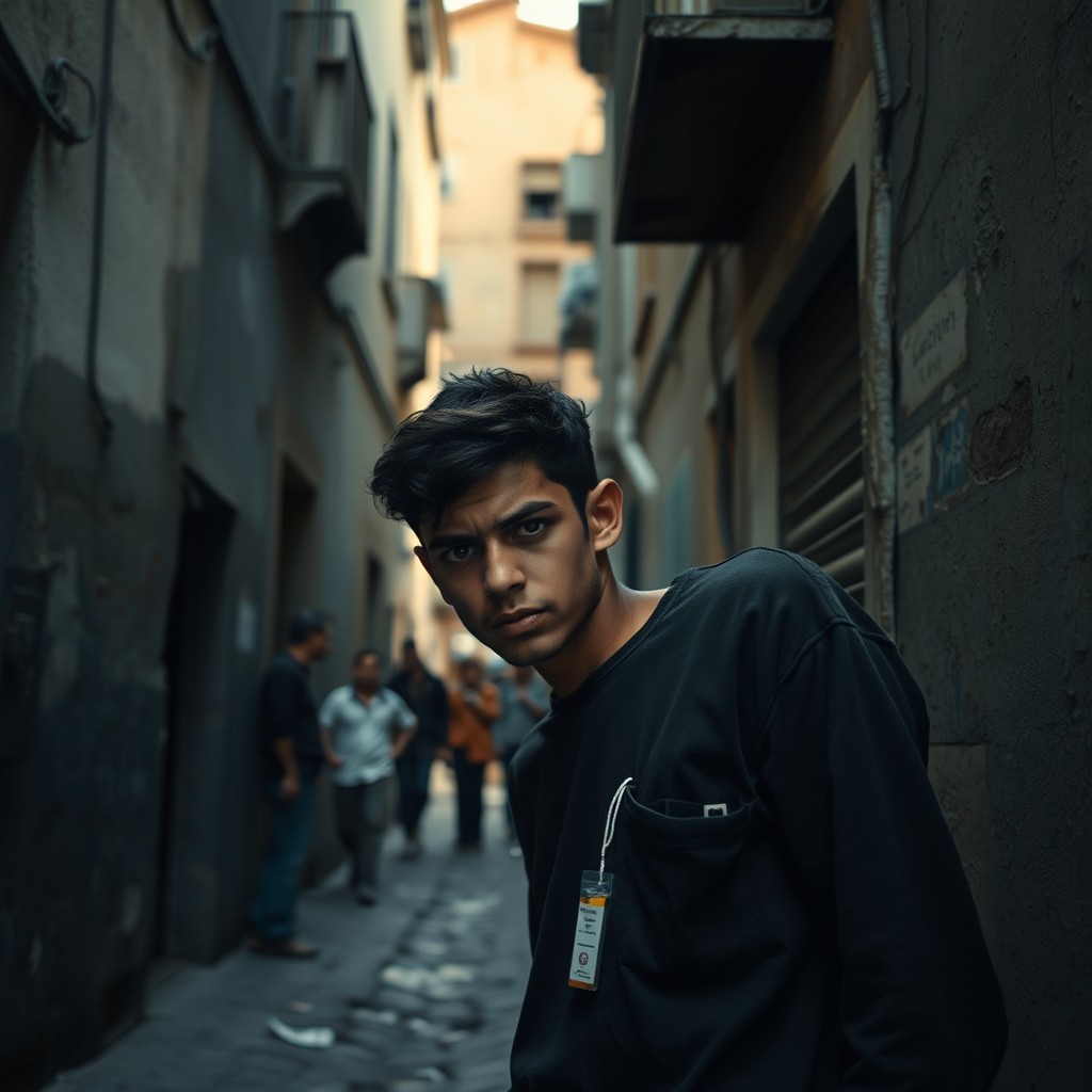 A poignant scene depicting a young man in a gritty urban setting, capturing the essence of struggle and sacrifice