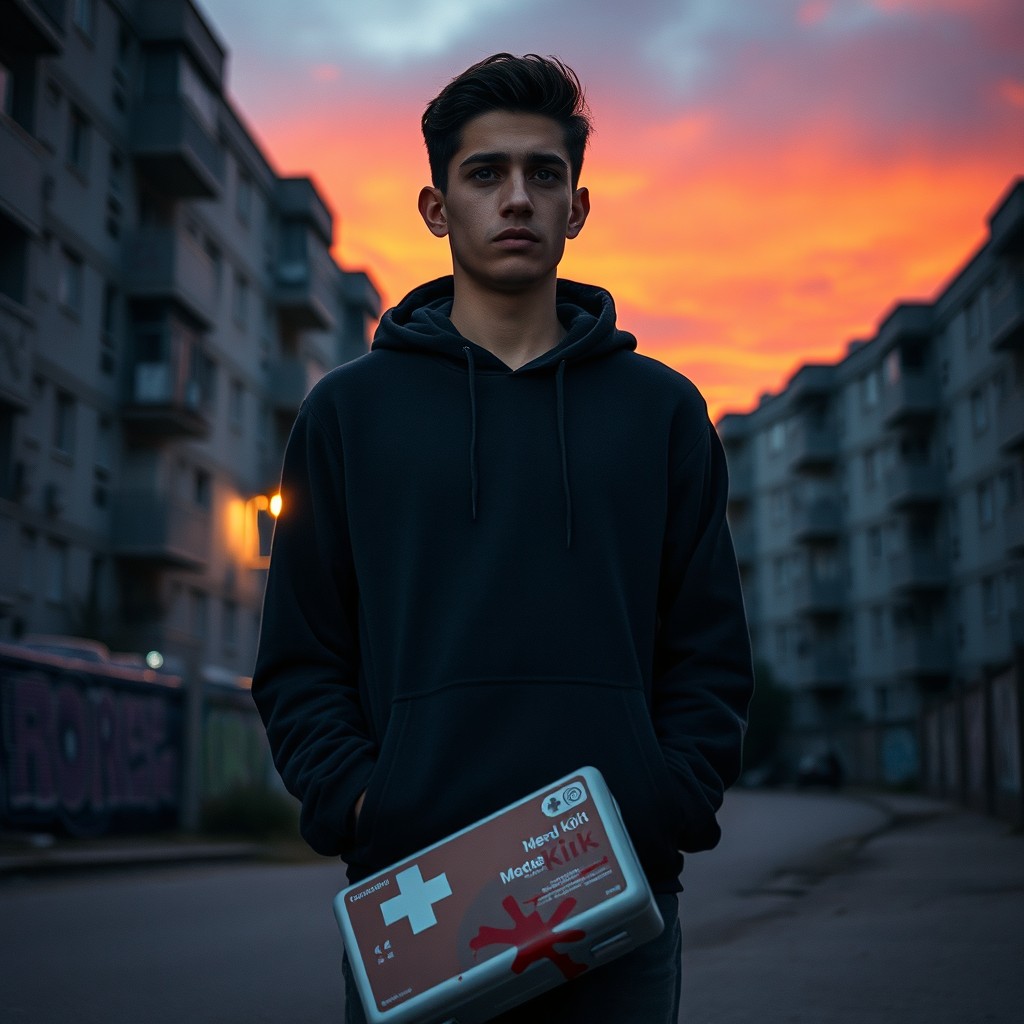 A 17-year-old adolescent of Maghreb origin standing alone in a housing estate in Marseille at sunset