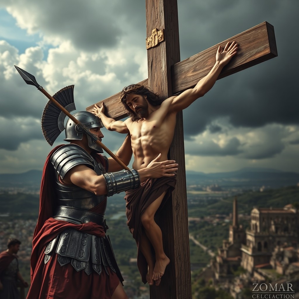 A Roman soldier in full armor lunging forward with a spear, thrusting it towards the lower abdomen of Jesus on the cross