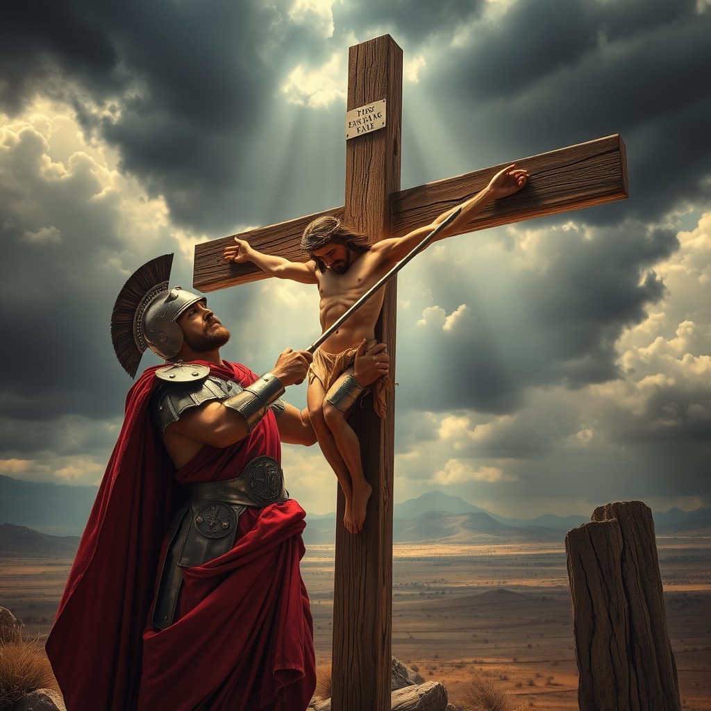 A dramatic and powerful scene depicting a Roman soldier in full armor, thrusting a spear into the lower abdomen of Jesus Christ, who is crucified on a wooden cross