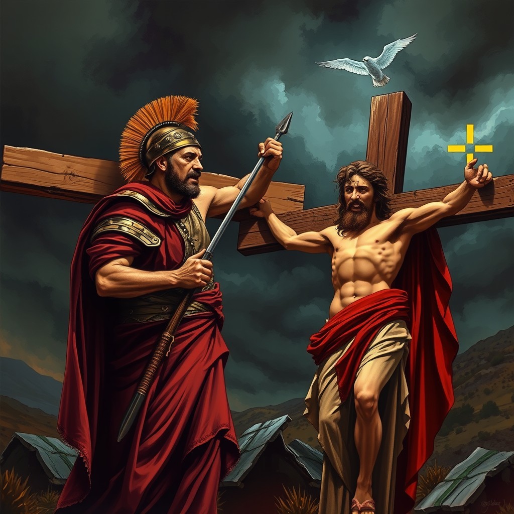 A dramatic scene depicting a Roman soldier standing beside the cross of Jesus, who is crucified