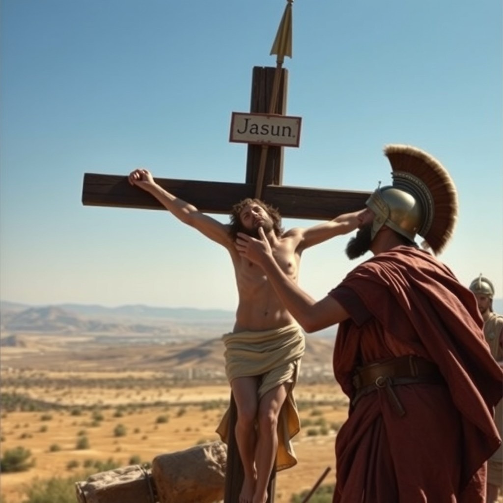 A Roman soldier piercing Jesus on the cross with a lance, set in an ancient Israeli landscape