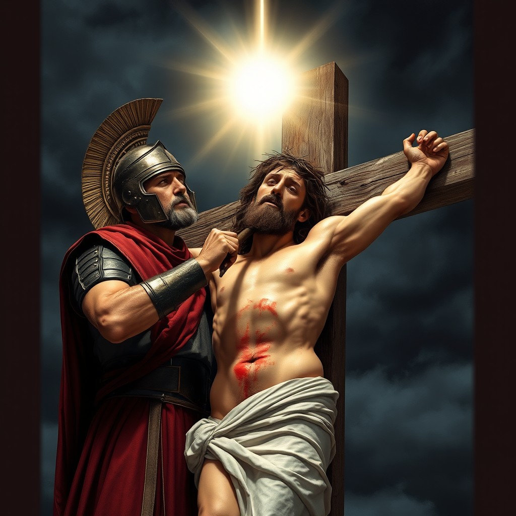 A Roman soldier piercing Jesus with a lance in the abdomen while he is on the cross, capturing the dramatic moment of the crucifixion