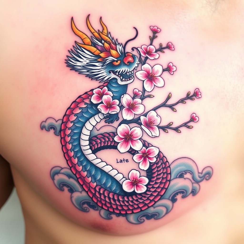 Intricate Dragon and Cherry Blossom Tattoo Design | Vibrant Artistry