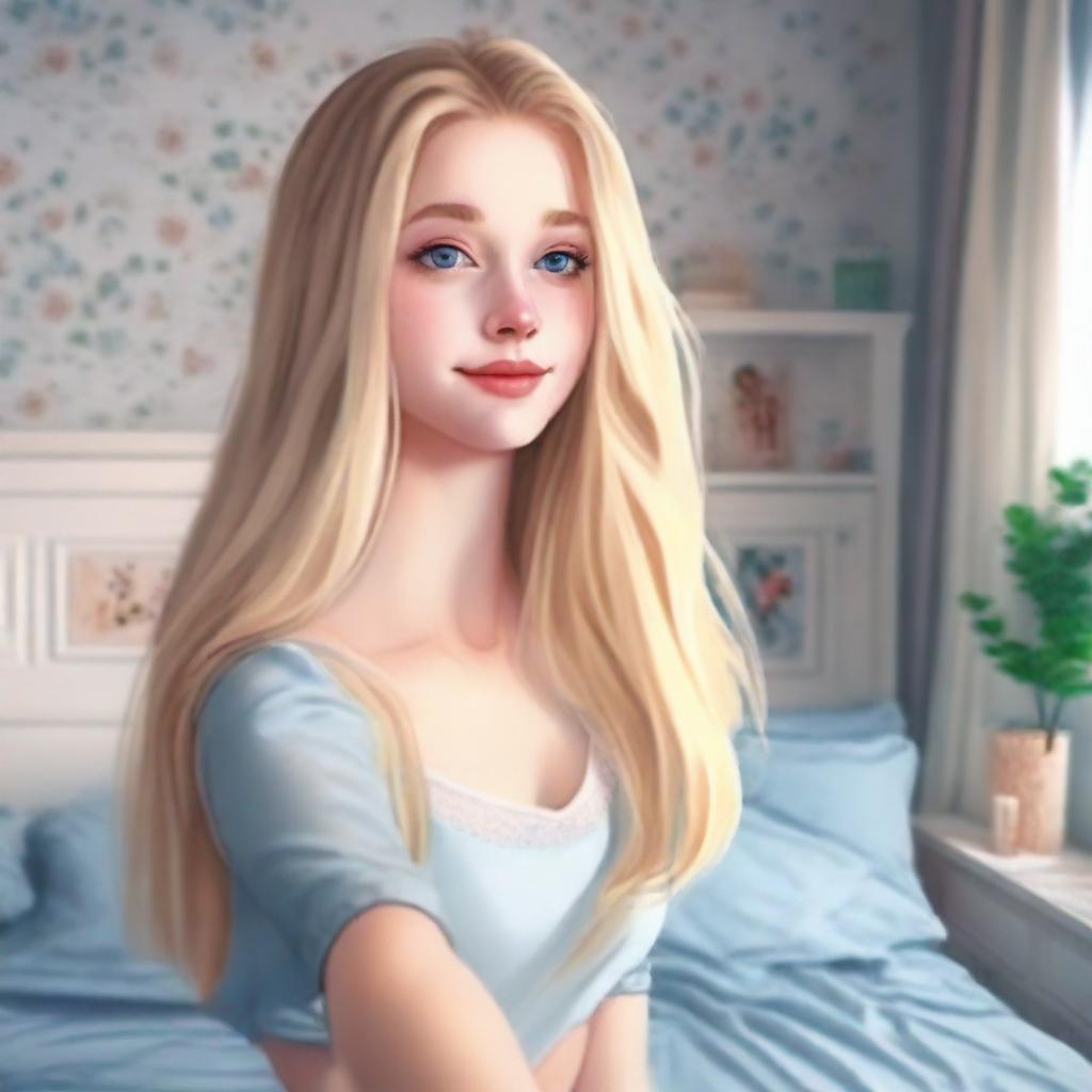 This is a high-quality digital art of an attractive girl with long, blonde hair, pale skin, and blue eyes