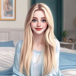 This is a high-quality digital art of an attractive girl with long, blonde hair, pale skin, and blue eyes